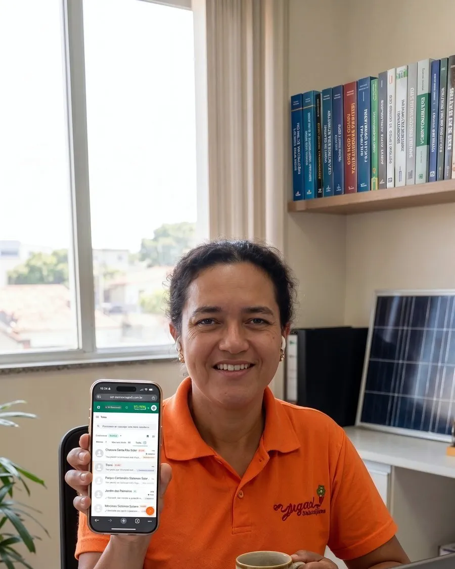Laura sorrindo no escritório, segurando o celular com o painel de atendimento aberto, com um painel solar ao fundo.